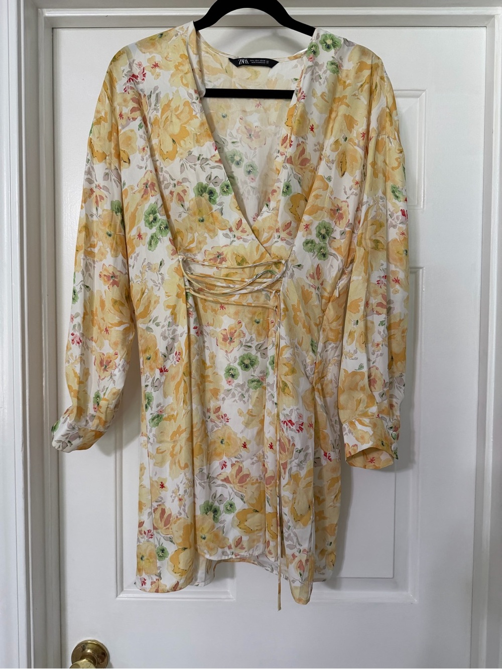 Zara Yellow & Green Floral Tie-Front Long Sleeve Dress